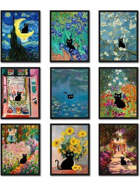 Cute Black Cat Wall Art Set of 9, Vintage Aesthetic Posters for Home Decor